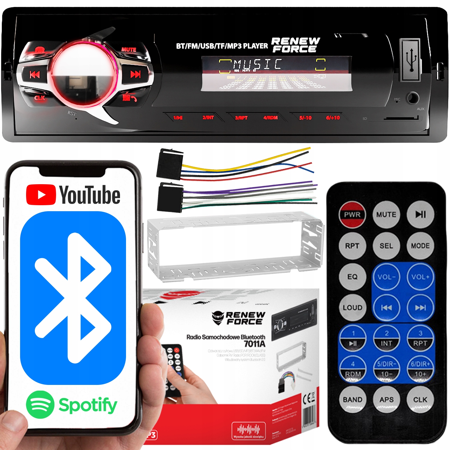 Renew Force autorádio MIKROFÓN USB BLUETOOTH SD FAREBNÝ 1 DIN AUX SD TF 1-DIN